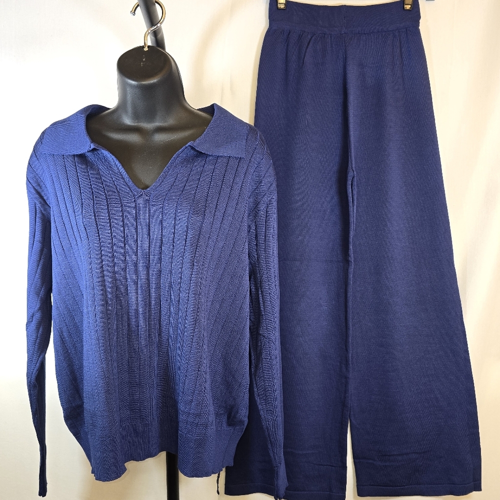 Blue Collard V Neck Knit Pantsuit